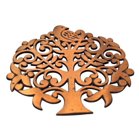 Vintage Cast Iron Copper Finish Trivet Tree of Life w/ Bird Wall Decor - Picture 2 of 6